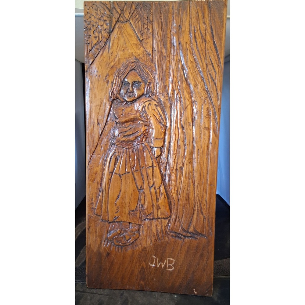 Vintage JWB Hand Carved Wood Relief Plaque Folk Art Girl in Forest 16 Inch